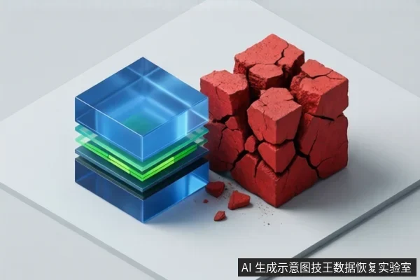 白色台面上左侧为蓝色透明分层结构,中间夹有绿色层;右侧为红色开裂块状物,旁边散落碎屑。
