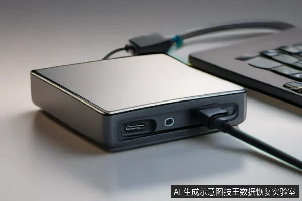 一个外置硬盘盒通过USB-C线缆连接到笔记本电脑上,放置在桌面上。
