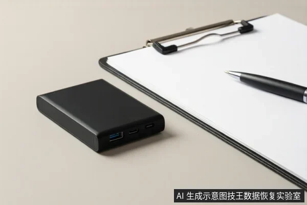 黑色移动硬盘盒平放在桌面上,旁边有写字板和一支笔,硬盘盒侧面可见USB接口。