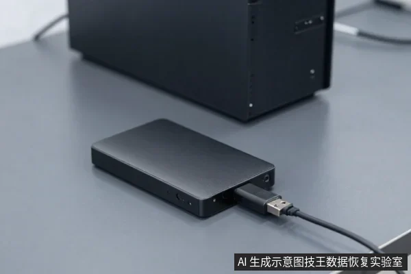 黑色移动硬盘平放在灰色桌面上，USB数据线插在硬盘侧面接口，背景有一台黑色台式电脑主机。