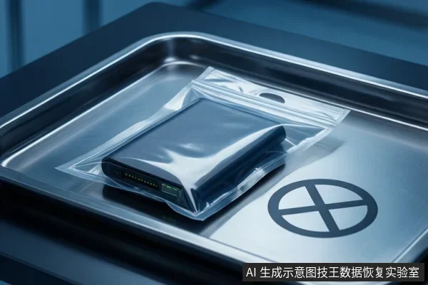 金属托盘上放着一个透明自封袋,袋内装着一块黑色移动硬盘,硬盘一端接口可见,托盘表面印有圆形禁止符号。
