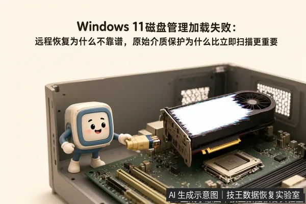 正文场景:文章内容场景示意图:Windows 11磁盘管理加载失败:远程恢复为什么不靠谱,原始介质保护为什么比立即扫描更重要