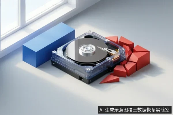 白色桌面上放置一块打开外壳的机械硬盘，盘片与磁头组件可见，旁边有蓝色长方体和红色几何块。