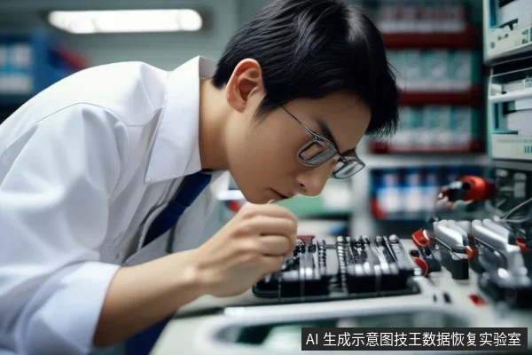 一名戴眼镜的亚洲男性技术人员身穿白衬衫，俯身在实验台前操作带有多个黑色模块和红色旋钮的测试设备，背景为实验室货架与仪器。