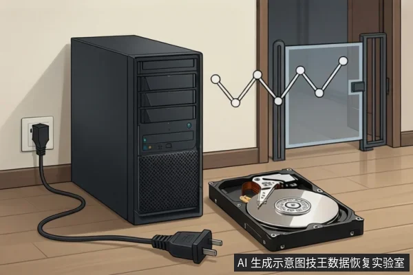 画面中有一台台式电脑主机,电源线插头已拔下放在地上。旁边放着一个开盖的机械硬盘,背景是一扇带玻璃窗的门,中间有折线图。