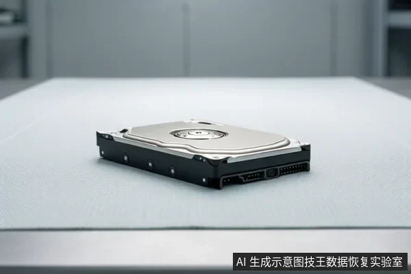 一个机械硬盘平放在浅色桌面上，可见金属顶盖、黑色侧板以及后部的数据与电源接口。