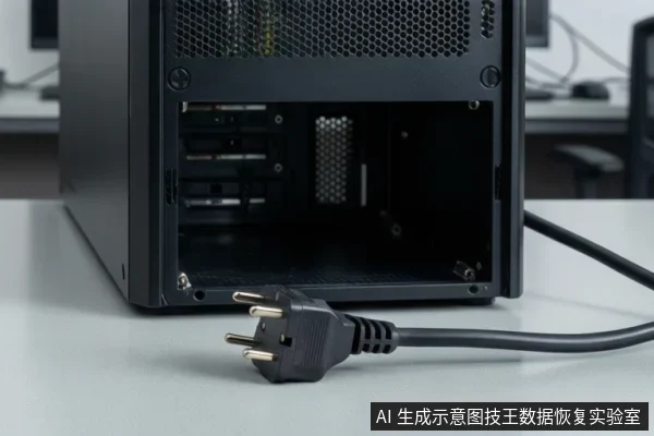 白色桌面上放置一台黑色台式电脑主机,后部朝向镜头,可见扩展槽与接口区;一个三脚电源插头脱离机箱平放在桌面上,与机箱接口之间留有空隙,背景为模糊办公环境。