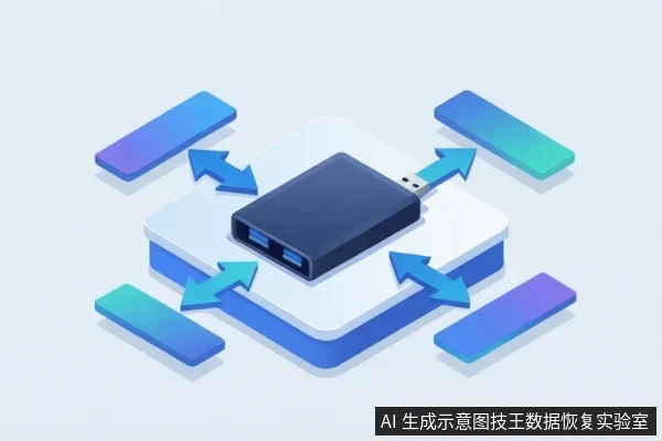 等距插画,深蓝色移动硬盘带USB-A插头置于白色平台,四周四个蓝紫渐变长条块以双向箭头与平台相连,示意多端连接。