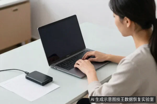 亚洲女性坐在桌前操作笔记本电脑,左侧桌面放着一块通过USB线连接的黑色移动硬盘和一张白纸。