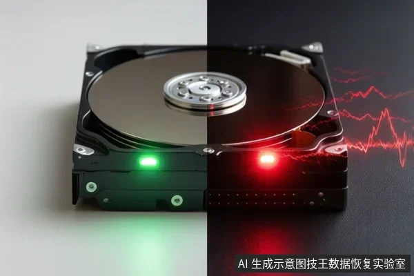 一块机械硬盘被垂直分为左右两半,左侧背景为白色,指示灯发绿光;右侧背景为黑色,指示灯发红光,并伴有红色波形线条。