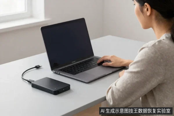 一名亚洲女性坐在桌前使用笔记本电脑，桌面左侧放着一块黑色外置移动硬盘，通过数据线连接至电脑。