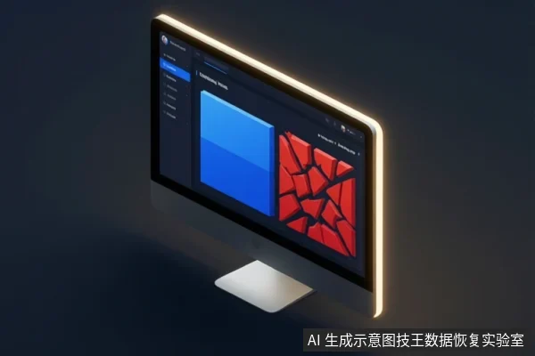 A 3D monitor showing a blue drive icon and a red cracked panel on a dark screen.