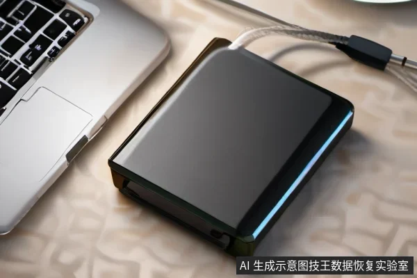 一台笔记本电脑放在桌面上,旁边是一个外置移动硬盘,硬盘连着一根USB数据线,插头悬在右侧未接入电脑。