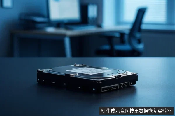 深色桌面上平放一块机械硬盘，背景为虚化的办公桌椅与显示器。
