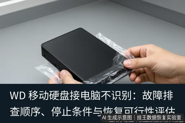 正文场景:文章内容场景示意图:WD 移动硬盘接电脑不识别:故障排查顺序、停止条件与恢复可行性评估