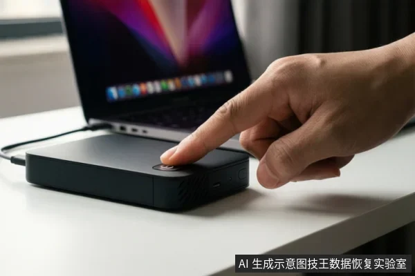 一只手正在按压一个黑色移动硬盘上的按钮,硬盘通过线缆连接到一台笔记本电脑,背景为办公桌。
