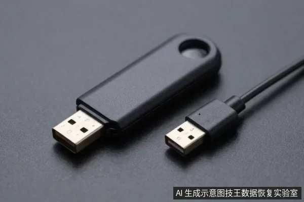 黑色U盘与带线USB插头并排放在深色桌面上,展示USB接口与存储设备外观。