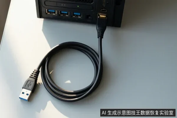 桌面上盘绕着一根黑色USB数据线,一端插入黑色设备后部的USB接口,另一端为蓝色USB-A插头。