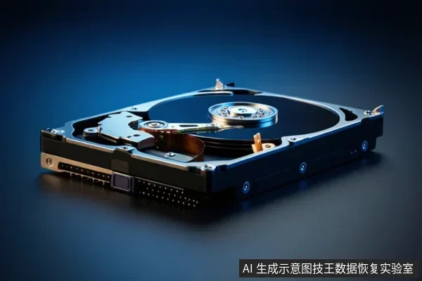 蓝色背景上展示一个打开外壳的机械硬盘,可见盘片、主轴电机、磁头臂和接口,设备处于静止状态。