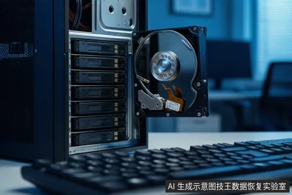 An open hard drive platter assembly is mounted in a server chassis bay next to a keyboard.