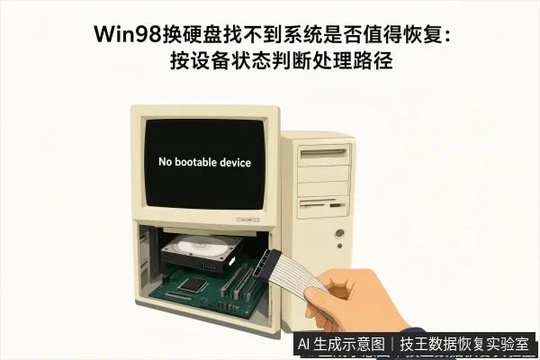 文章内容场景示意图：Win98换硬盘找不到系统是否值得恢复：按设备状态判断处理路径