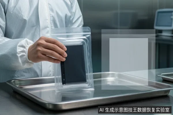 穿实验服人员手持装有深色存储介质的透明自封袋，悬于金属托盘上方，背景为实验室台面与模糊设备。