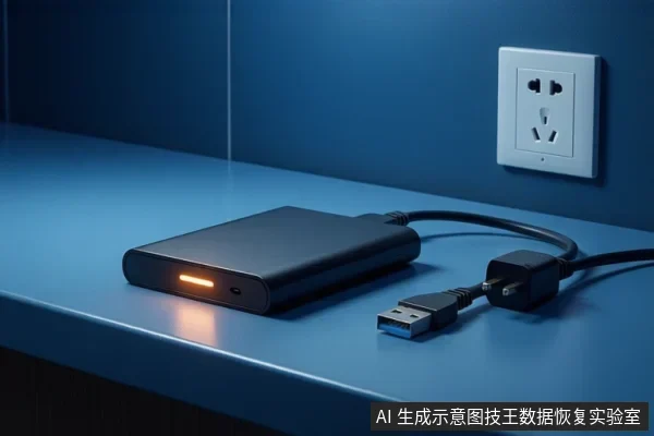 蓝色桌面上放置黑色移动硬盘,前端亮橙色指示灯,旁有USB数据线,墙上为电源插座