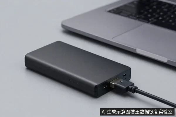 深灰色移动硬盘平放在浅色桌面,USB数据线插入其侧面接口,右后方有一台银色笔记本电脑。