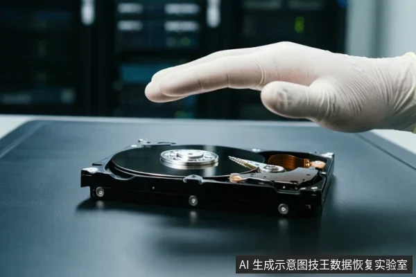 戴白色手套的手悬停在黑色桌面上方,下方是一块打开外壳的机械硬盘,可见盘片、主轴和磁头臂,背景为模糊的机房设备。