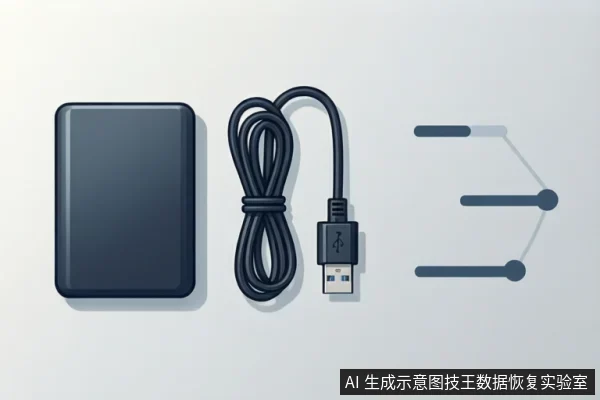 深灰色外置移动硬盘与盘绕的USB数据线并排摆放,右侧为三条带圆点的分支示意线,表示按识别状态选择不同核对路径。