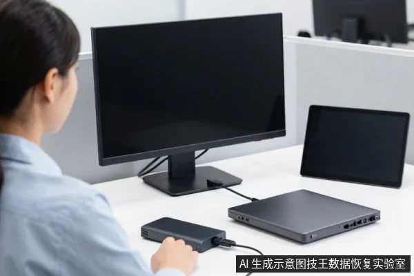 一名亚洲女性坐在白色办公桌前,面前是黑色显示器,桌上放着笔记本电脑、平板和移动硬盘盒,她正用手操作硬盘盒。
