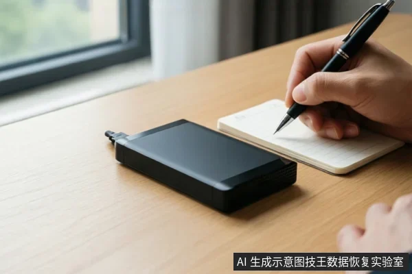 木桌上放着一块黑色移动硬盘,旁边有人手持黑色钢笔在便签本上书写。