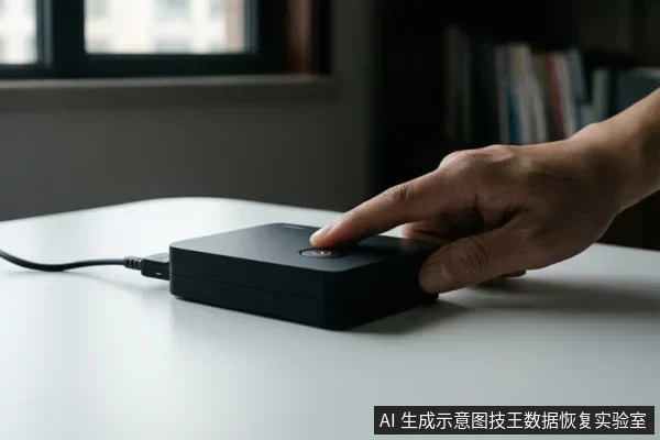 一只手正在按压白色桌面上一个黑色外接存储设备顶部的圆形按钮,设备左侧连接着电源线。