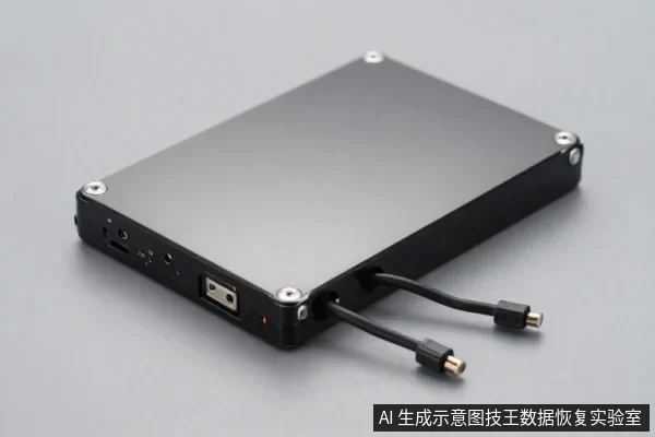 黑色外置硬盘盒平放于灰色台面,四角有银色螺丝,侧面可见接口,两根带金色接头的线缆从盒内伸出。