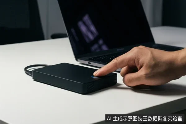 白色桌面上放置一台黑色移动硬盘,旁边有一台笔记本电脑,一只手正用手指按压硬盘顶部的圆形按钮。