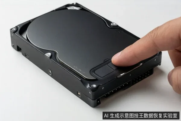 白色背景上放置一块黑色机械硬盘,手指正按压硬盘接口附近的区域。