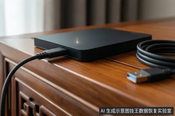 木桌上黑色移动硬盘连接一根数据线,硬盘表面指示灯亮起,旁边盘绕一根带USB-A接头的备用数据线。