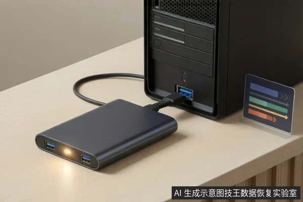 桌面上一台黑色外置移动硬盘通过USB线连接至台式机后部蓝色接口,硬盘前端指示灯亮起,右侧立有一块带彩色横条与箭头的透明示意牌。