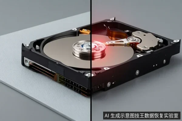 一块打开外壳的机械硬盘,盘片、主轴和磁头组件可见,画面中间用分割线对比左右两侧,右侧磁头区域有红色高亮。