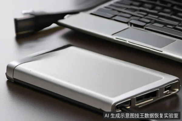 深色桌面上放着一台银色外壳的外置固态硬盘，侧面端口插着一根黑色数据线，旁边有一台打开的笔记本电脑，左上方还放着一个未连接的USB插头。