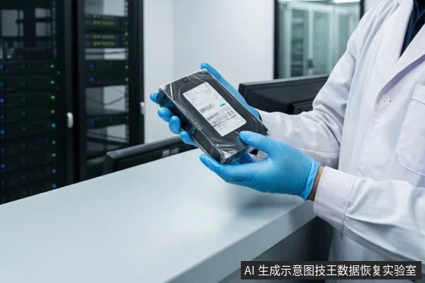 穿白大褂戴蓝色手套的人员在机房环境中双手托持一块带标签的硬盘,背景可见服务器机柜。