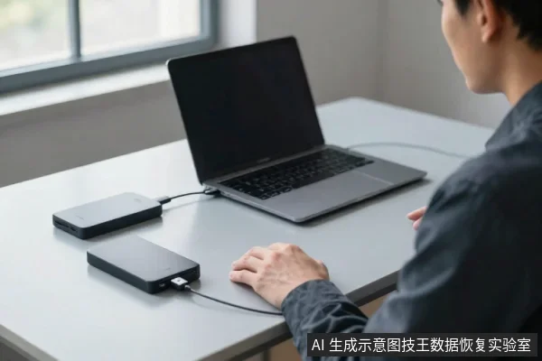 一名亚洲男性坐在桌前，面前是一台打开的笔记本电脑，桌面上放着两块黑色移动硬盘，其中一块通过USB线连接电脑，另一块通过USB线连接第一块硬盘。