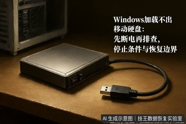 文章内容场景示意图:Windows加载不出移动硬盘:先断电再排查,停止条件与恢复边界