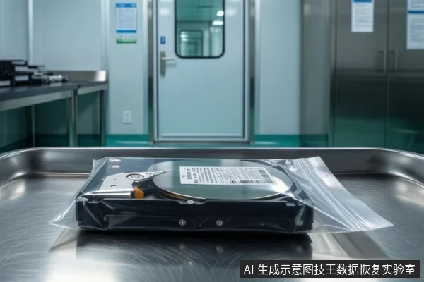 金属托盘上放着一个用透明袋封装的开盖机械硬盘,背景为实验室不锈钢柜和带窗的门。