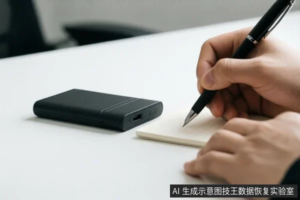 白色桌面上放置一个黑色移动硬盘,旁边有一双手正在用笔记录,背景虚化。