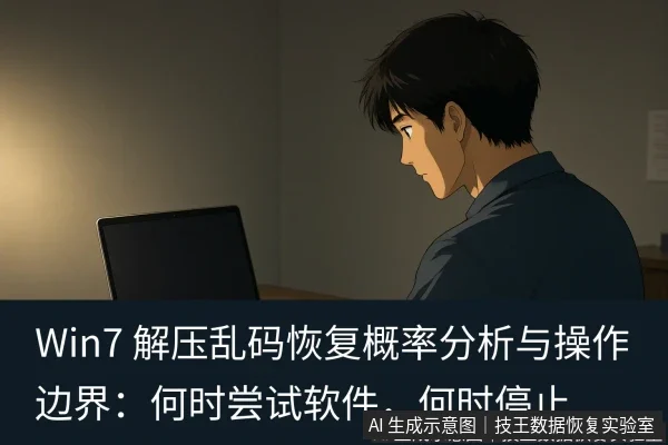 文章内容场景示意图：Win7 解压乱码恢复概率分析与操作边界：何时尝试软件，何时停止