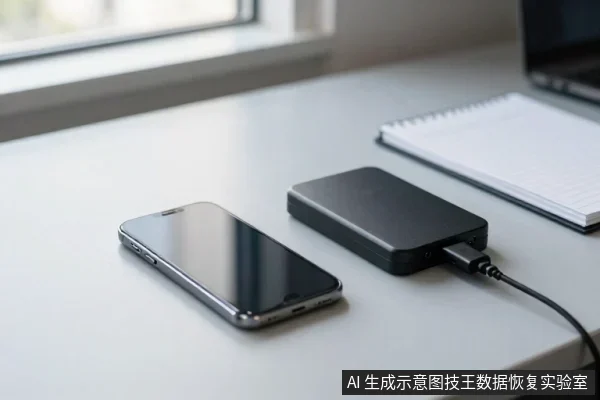 白色桌面上放着一部手机和一个黑色移动电源,移动电源插着USB线,旁边有笔记本和笔记本电脑。