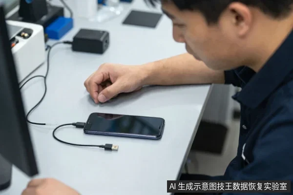一名亚洲男性坐在桌前,将手机用数据线连接至电脑,低头注视桌面设备。