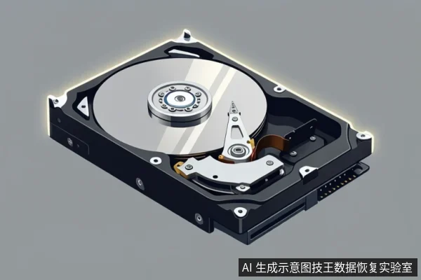 灰色背景中展示一块打开外壳的机械硬盘，可见金属盘片、主轴、磁头臂和接口，边缘有发光描边。