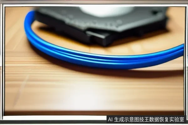 木质桌面上放置一块黑色机械硬盘,旁边盘绕着一根蓝色线缆,硬盘接口端朝向线缆一侧。